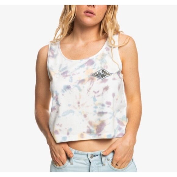 QUIKSILVER Crop Tank Top Sz S Multicolor Tie Dye Graphic Logo Scoop Neck Cotton - Picture 1 of 12